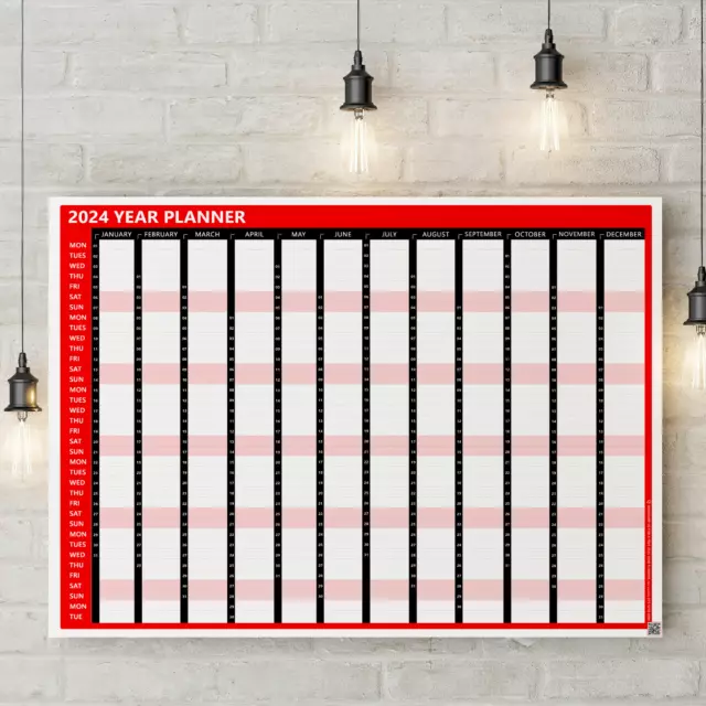 2024 Full Year Calendar Wall Planner Red Colour Home Office 12 Months Calendar