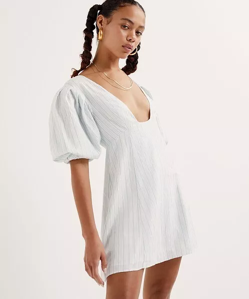 For Love and Lemons Leslie Mini Dress Baby Blue Silver Lurex  Stripe M NWT