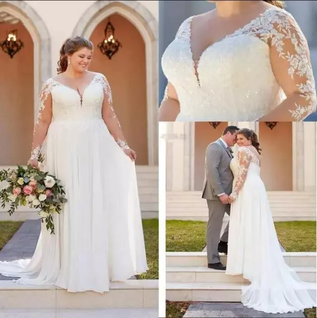 Chiffon Plus Size Wedding Dresses Long Sleeves Lace Appliques V Neck Bridal Gown