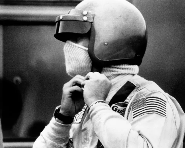Le Mans Steve Mcqueen Putting On Helmet Wearing Iconic Heuer Watch 8X10 Photo