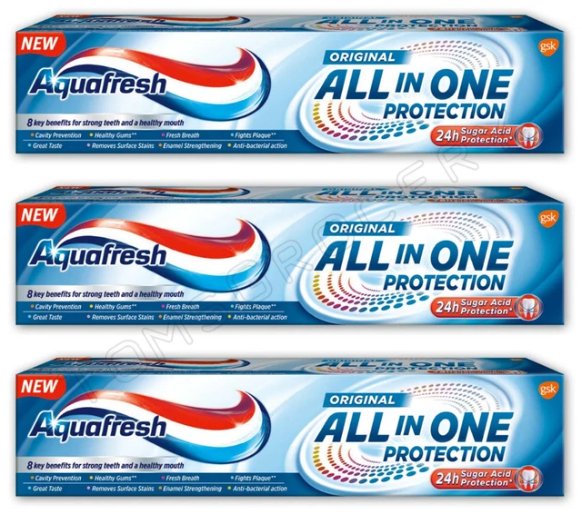 3 x AQUAFRESH TODO EN UNO ORIGINAL 24h Protección Ácido Azúcar 100ml