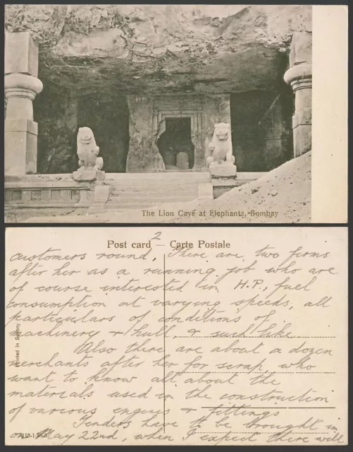 India Old Postcard The Lion Cave at Elephanta, Bombay, Lions Statues at Entrance