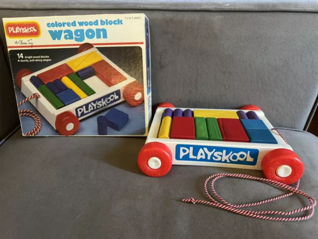 1983 Playskool Vintage Letter Wood Block Wagon classic toy 24 blocks wagon W/Box