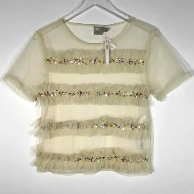 NEW! ASOS Women's Sheer Mesh Top US 6 Cream Ruffled Sequins Embellished Y2K