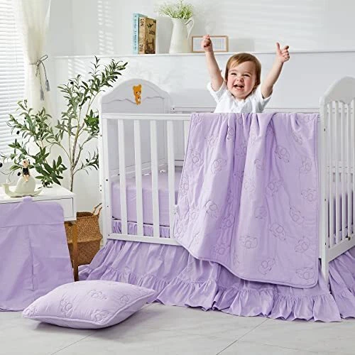 Purple Baby Girls Crib Bedding Set with Embroidered 6-piece Lavender Purple