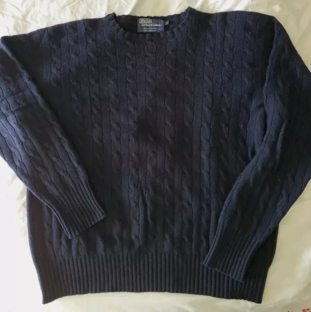 Polo Ralph Lauren Men’s Crewneck Cable Knit 100% Cashmere Sweater Blue Large Lg