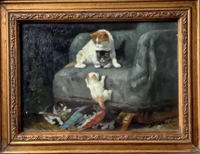 19th Century by J. CLECK English School Cat and Kittens Oil Painting Signed