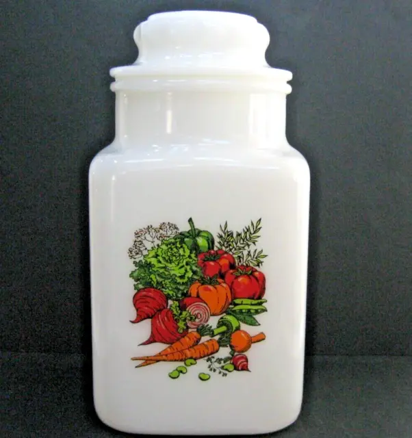 1970s Milk Glass Jar Canister Spice Of Life Vegetables 9.5" MINT CONDITION