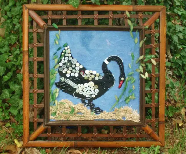 Black Swan ART w/ White Buttons, Victorian French Black Jet Glass Buttons Up to