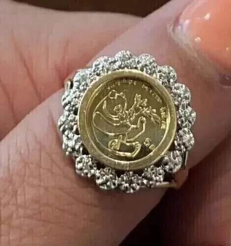 2Ct Round Lab-CreateDiamond Chinese Panda Bear Coin Ring 14K Yellow Gold  Over