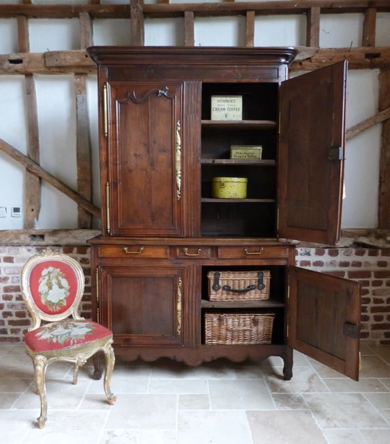 18th C. French rustic linen press cabinet cupboard dresser shelves drawers keys
