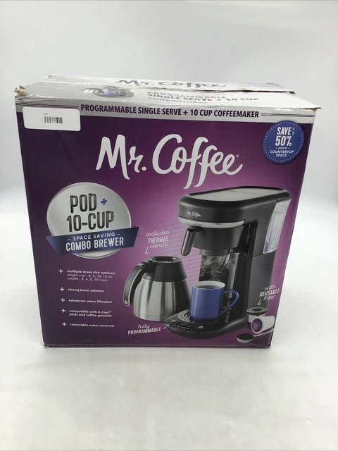 New 2121469 Mr. Coffee Pod and 10-Cup Space-Saving Combo Brewer in Black