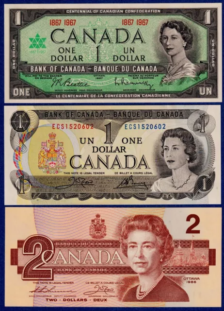 Canada 1967 + 1973 + 1986 set - $1 & $2  QE II - aUNC Notes - Free Shipping 🇨🇦