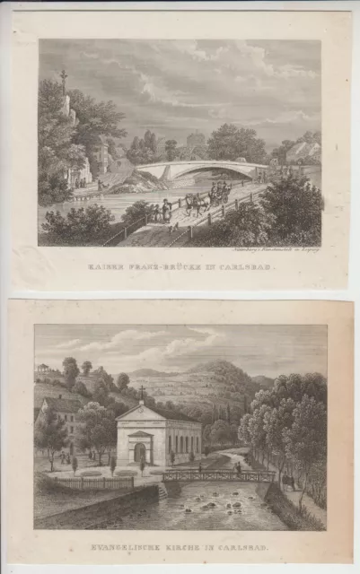 2 Original-Stahlstiche Carlsbad Kirche Kaiser Franz-Brücke um 1850