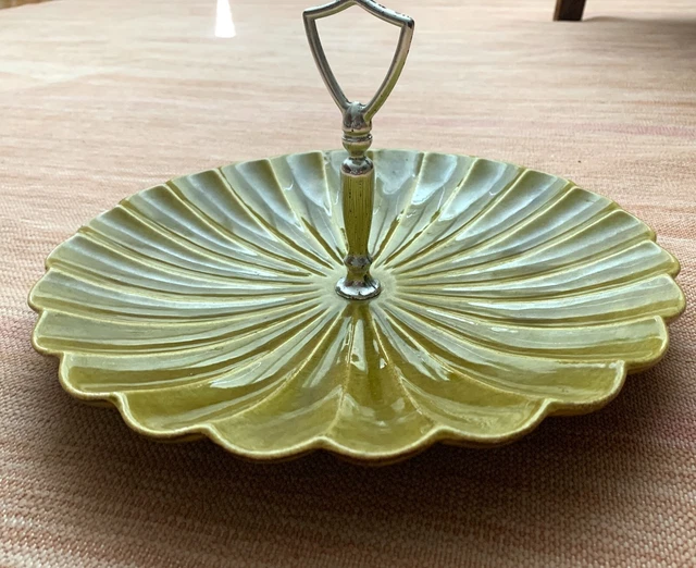 Vintage California Pottery C603 candy dish olive green silver handle clam shell
