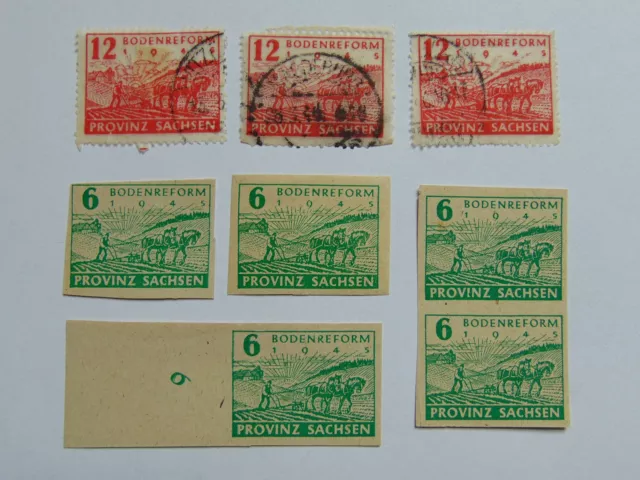 8 Marken SBZ Sachsen Bodenreform (I) & (II) 1946, Mi 85 91, 2x Plattenfehler