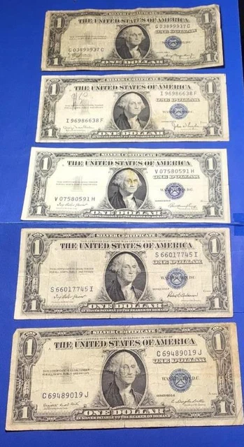1935A-1935G $1 Blue SILVER Certificates Set of 5! Lower Grade! X9937 Currency!