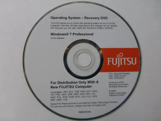 Fujitsu Windows 7 Pro / Professional Recovery DVD Mehrsprachig mit oder ohne SP1