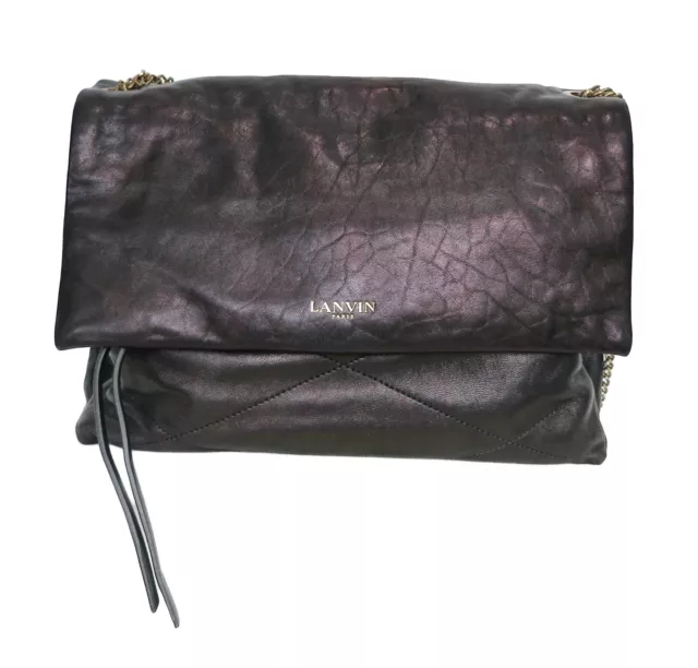 LANVIN Metallic Black Lamb Leather Medium SUGAR Gold Chain Flap Handbag Bag