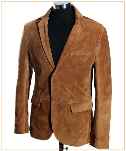 Veste blazer en cuir suédé véritable à 2 boutons pour hommes, marron clair