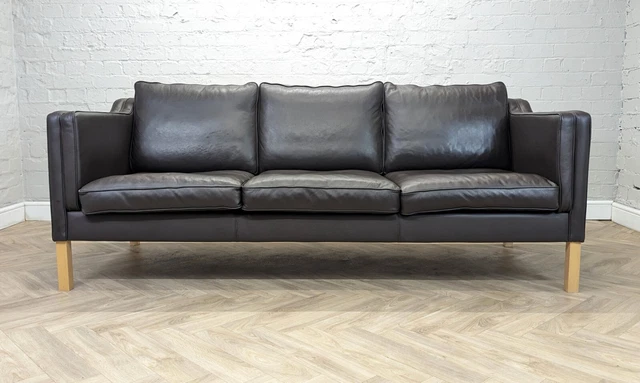 Mid-Century Modern Vintage Danish Brown Leather 3 Seater Sofa Mogensen Style