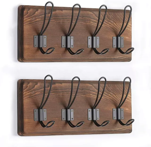 2 Pack Coat Rack Wall Mounted with 4 Hooks Rustic Wood Hanger for Entryway Brown
