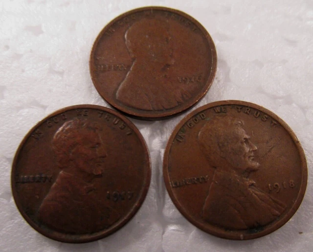 3 Wheat Pennies- 1916, 1917, 1918 (L44)
