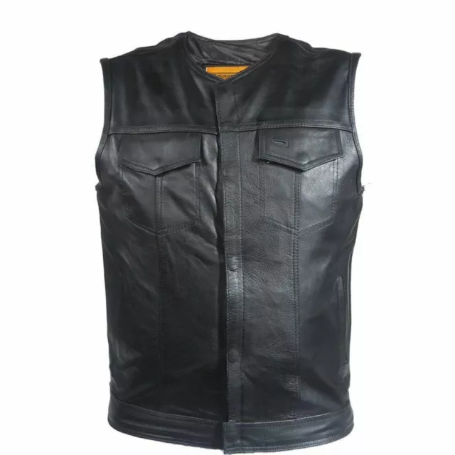 Mens No Collar Split Leather Motorcycle Club Vest With Gun Pockets Solid Back