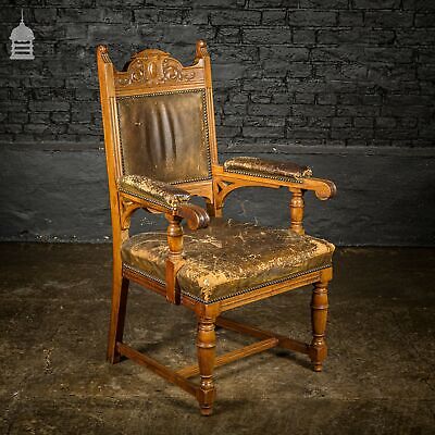 19th C Oak H Stretcher Throne Chair With Studded Worn Leather Seats, Arms and Ba 3