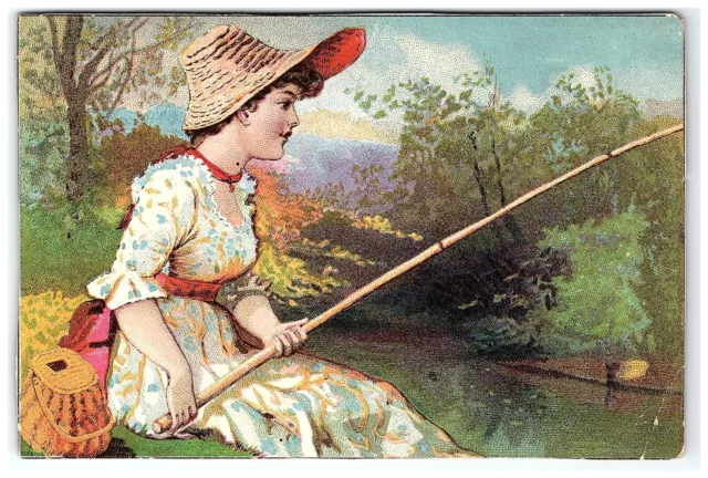 1880s Lion Coffee Mocha Java Rio Woolson Spice Co. Charming Girl Fly Fishing