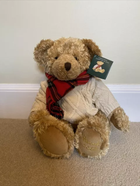 Harrods 2002 Annual Christmas / Xmas Teddy Bear With Aran Jumper & Tartan Scarf