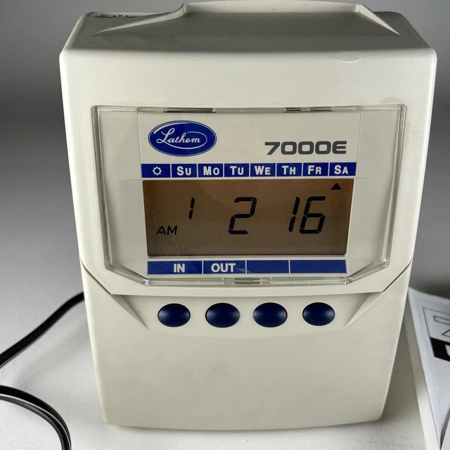 LATHEM 7000E CALCULATING Time Clock w/New Battery, Key, Cards, Ink