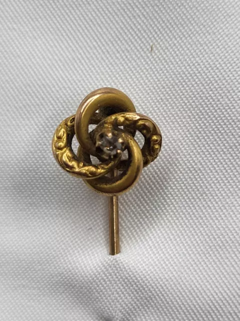 Antique Late Victorian Love Knot 10k Gold Stick Pin with small diamond hat pin 2