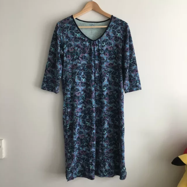 LLBEAN Floral Print Shift Dress 100% SUPIMA COTTON V Neck Blue Womens Size S