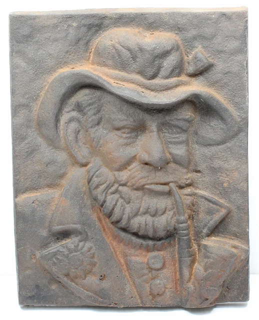 Antique American Cast Iron Fireplace Fireback Country Gentleman Smoking Pipe