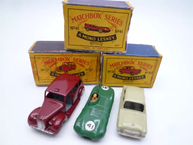 VINTAGE MOKO LESNEY CARS x3: 17 AUSTIN 30 FORD 41 JAGUAR / ORIGINAL BOXES 1950s