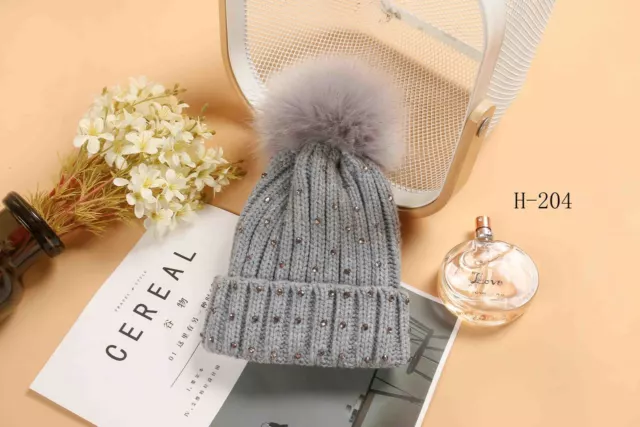 Chapeau diamant tricoté chaud enfants bébé hiver bonnet filles fausse fourrure pom bobble casquette neuve 3