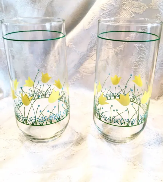 Vintage Clear Glasses Yellow Tulip Design With a Green stripe On Rim (set Of 2)
