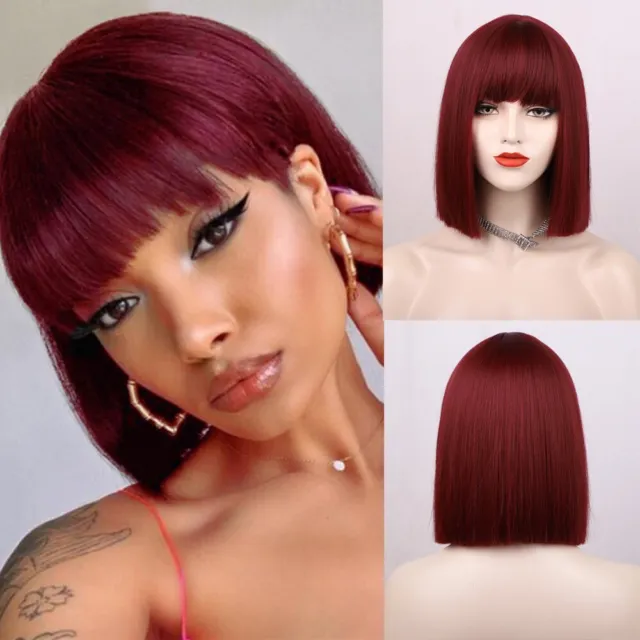 Short Straight Synthetic Wigs Mixed Golden Brown Bob Wig with Bangs Women Beauty