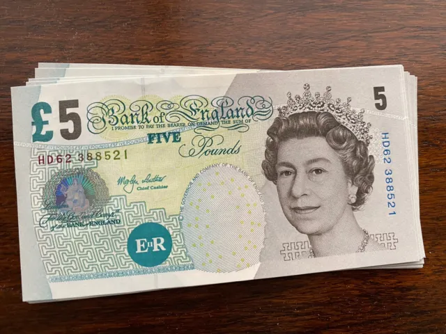 Queen Elizabeth II  5 Pound Bill Banknotes Real British Currency, New! Many!