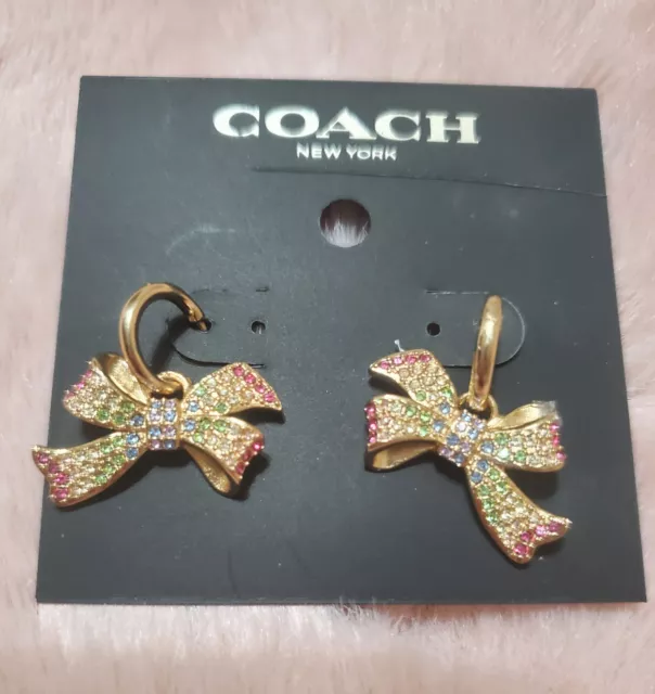 Coach Pave Bow Huggie Earrings Gold Tone With Multicolor Stones New With Tag