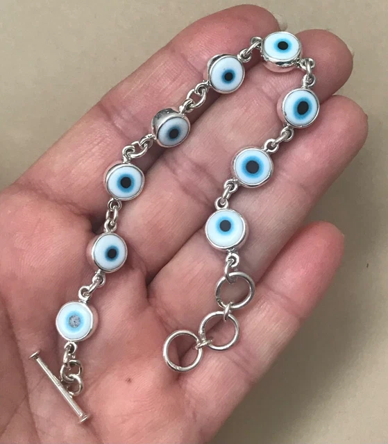 Good Luck Blue Glass EVIL EYE Link Mexican 925 Silver Bracelet Taxco 6.75 to 7.5
