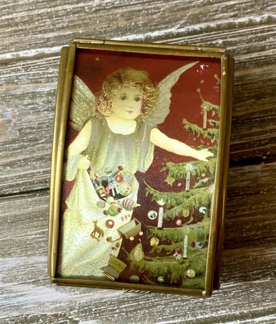 Via Vermont Foil Angel Tree Jewelry Trinket Box Art Brass Stained Glass Mirrored