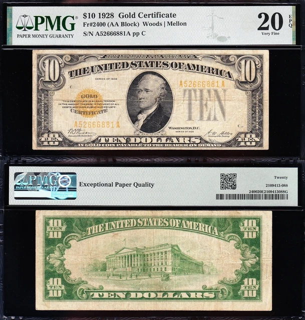 VERY NICE Bold & Crisp VF 1928 $10 GOLD CERTIFICATE! PMG 25 EPQ! FREE SHIP! 6881