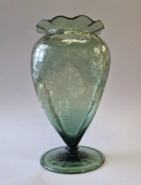 Rare Late 19th C. Stevens & Williams Glass Vase, Pinched, Crackled, Frilled Rim