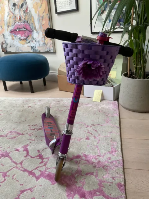 Micro purple push Scooter with basket and bell.