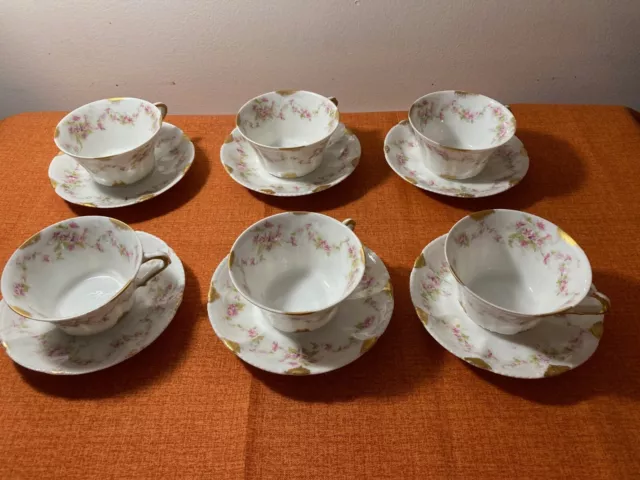 Antique Theodore Haviland Limoges France H. P.  Cups And Saucers Set of 6