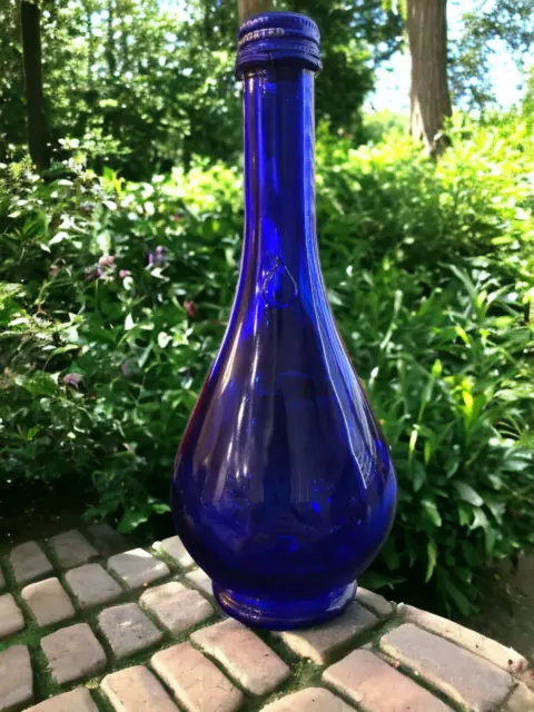 Vintage Teardrop Cobalt Blue Glass Bottle Acqua della Madonna Made in ITALY 8"