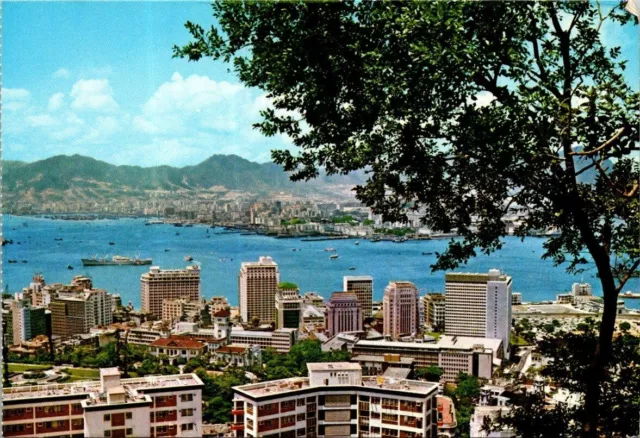 Vtg Bird's Eye View Financial District of Victoria Hong Kong Harbor Postcard