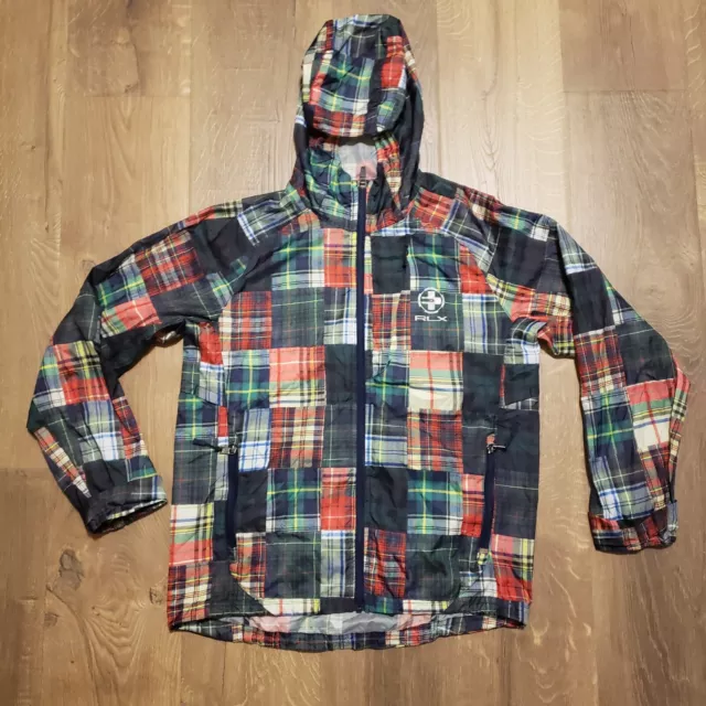 RLX Ralph Lauren Windbreaker Small Packable Travel Jacket Plaid Patchwork Zip